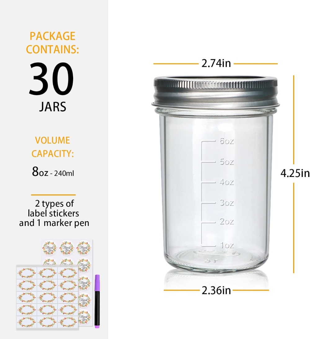 30 قطعة من برطمانات ماسون سعة  - مراجعة Mason Jar 8Oz وسعره